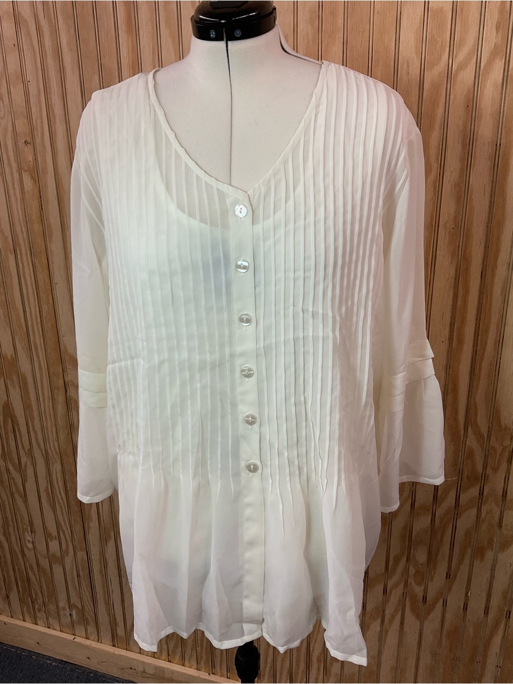 Classic Ivory Pleated V-Neck Button Front Blouse